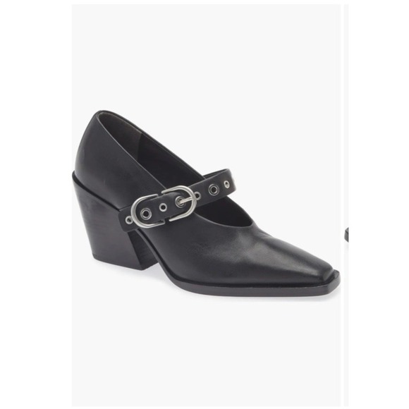 rag & bone Shoes - Rag & Bone Joni Black Leather‎ Square Toe Mary Jane Pumps 11 Buckle Slanted Heel